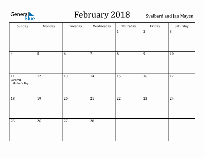February 2018 Calendar Svalbard and Jan Mayen