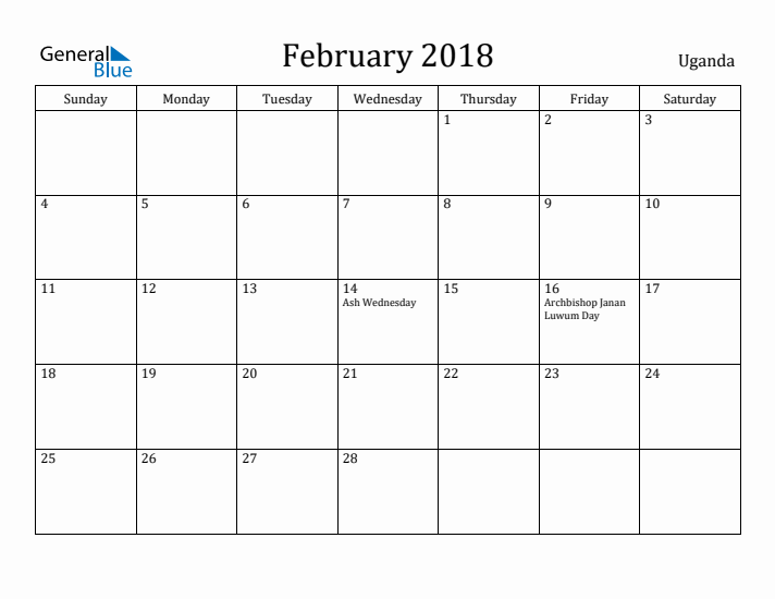 February 2018 Calendar Uganda