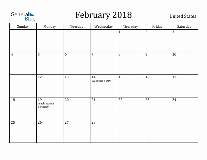 February 2018 Calendar United States