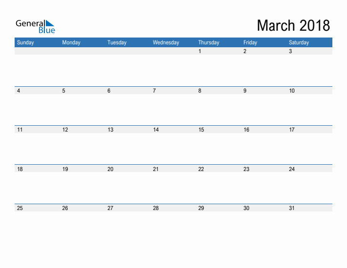 Fillable Calendar for March 2018