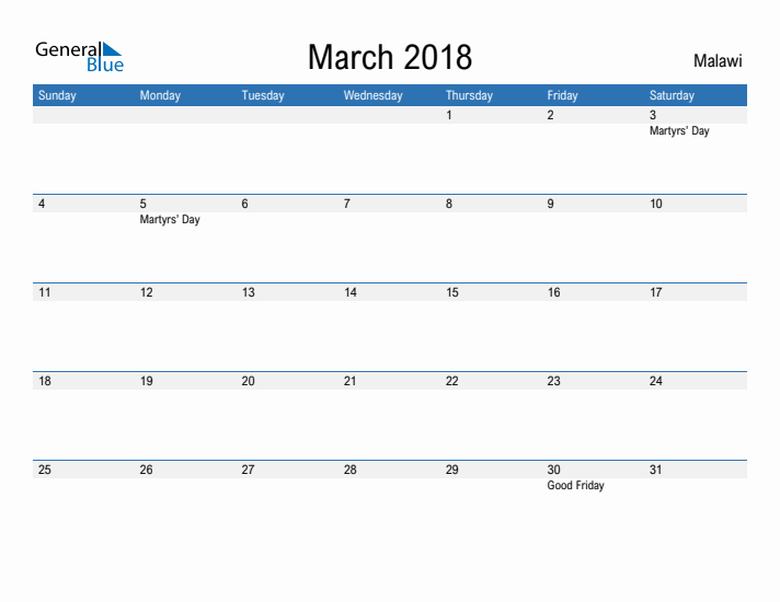 Fillable March 2018 Calendar
