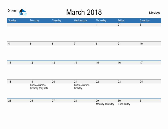 Fillable March 2018 Calendar