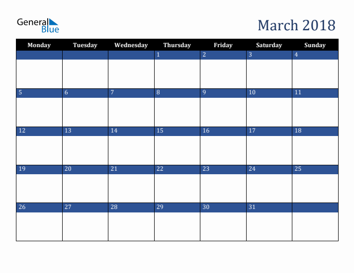 Monday Start Calendar for March 2018
