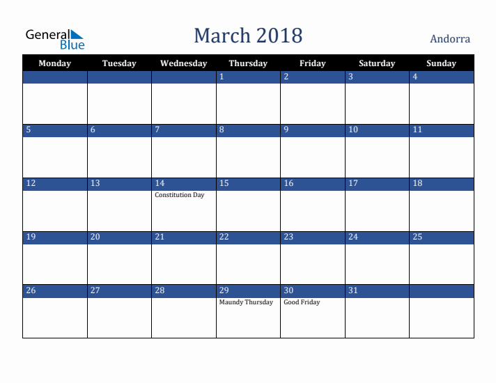 March 2018 Andorra Calendar (Monday Start)
