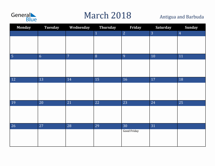 March 2018 Antigua and Barbuda Calendar (Monday Start)