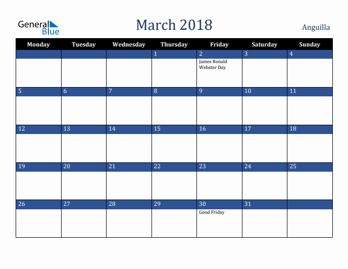 March 2018 Anguilla Calendar (Monday Start)