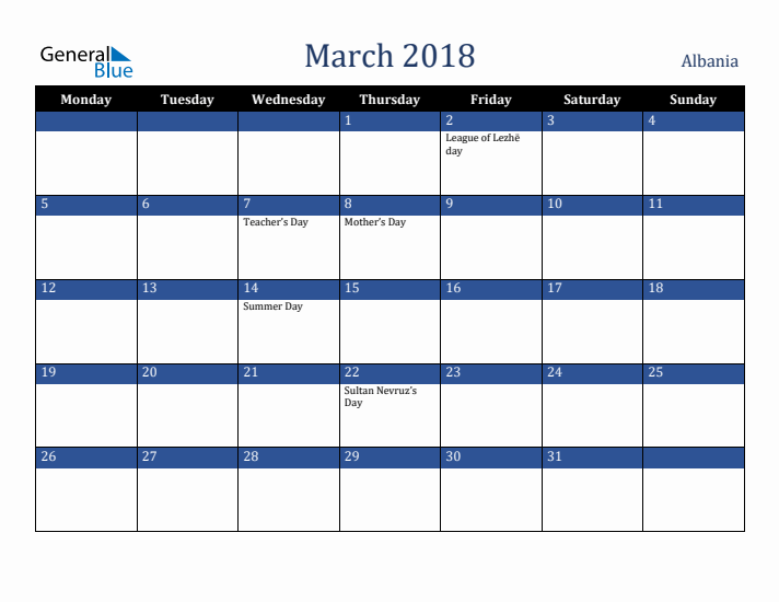March 2018 Albania Calendar (Monday Start)