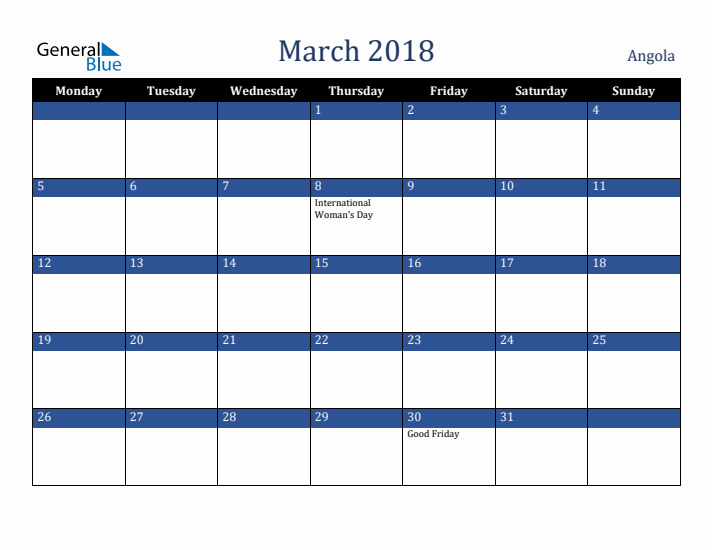March 2018 Angola Calendar (Monday Start)