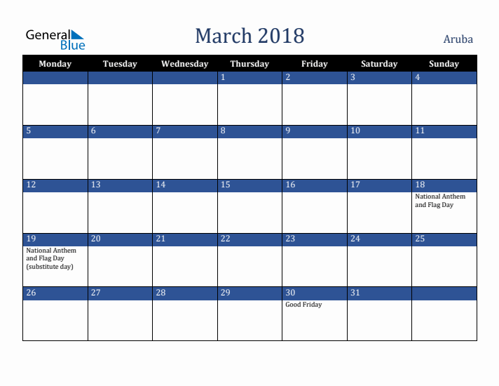 March 2018 Aruba Calendar (Monday Start)
