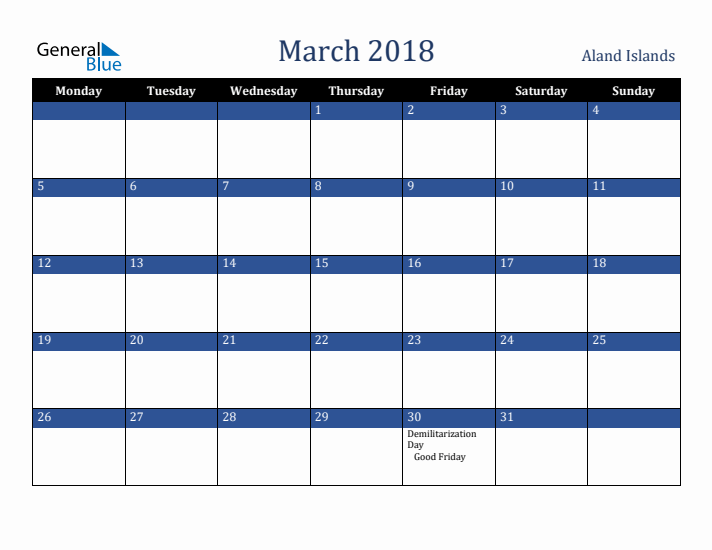 March 2018 Aland Islands Calendar (Monday Start)