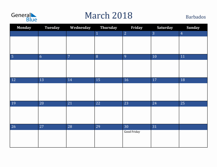 March 2018 Barbados Calendar (Monday Start)