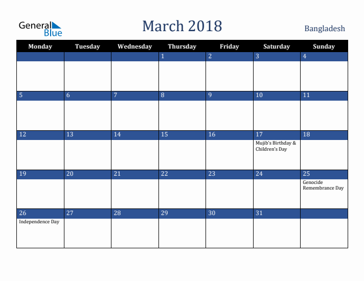 March 2018 Bangladesh Calendar (Monday Start)