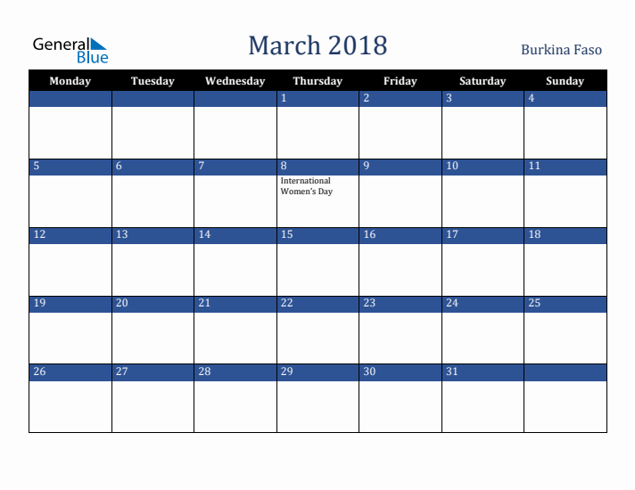 March 2018 Burkina Faso Calendar (Monday Start)