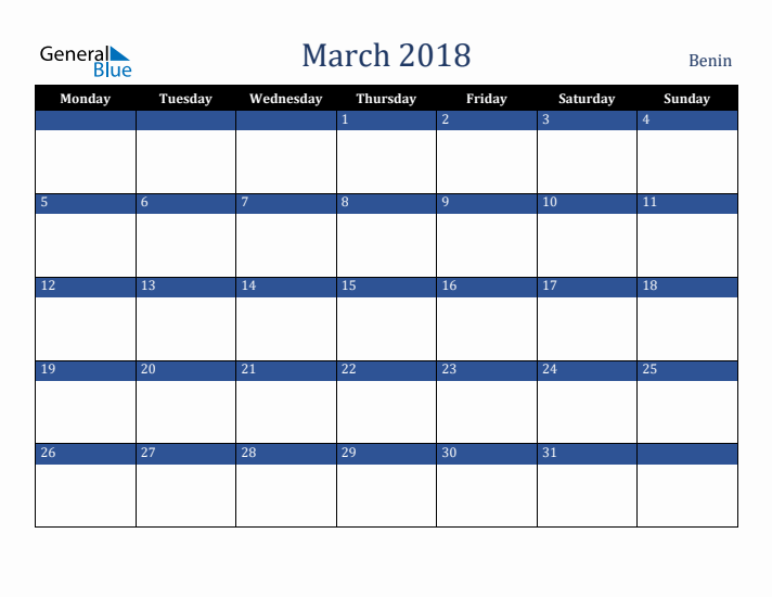 March 2018 Benin Calendar (Monday Start)