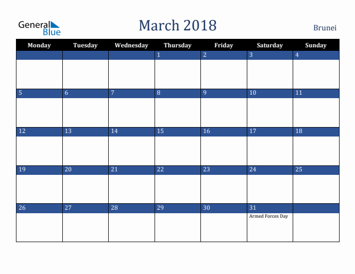 March 2018 Brunei Calendar (Monday Start)