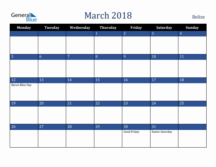 March 2018 Belize Calendar (Monday Start)