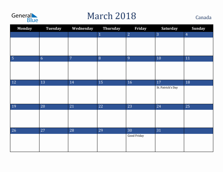 March 2018 Canada Calendar (Monday Start)