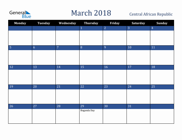 March 2018 Central African Republic Calendar (Monday Start)