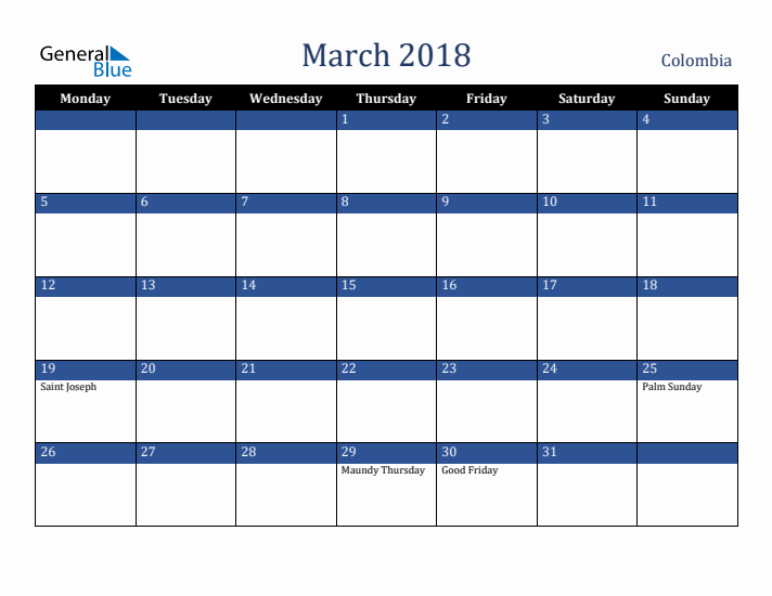 March 2018 Colombia Calendar (Monday Start)