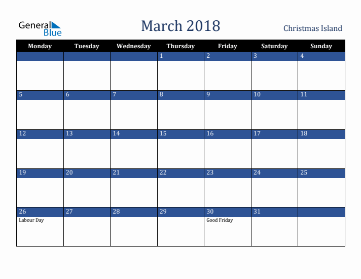 March 2018 Christmas Island Calendar (Monday Start)