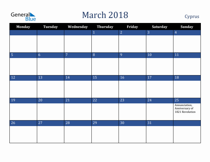 March 2018 Cyprus Calendar (Monday Start)