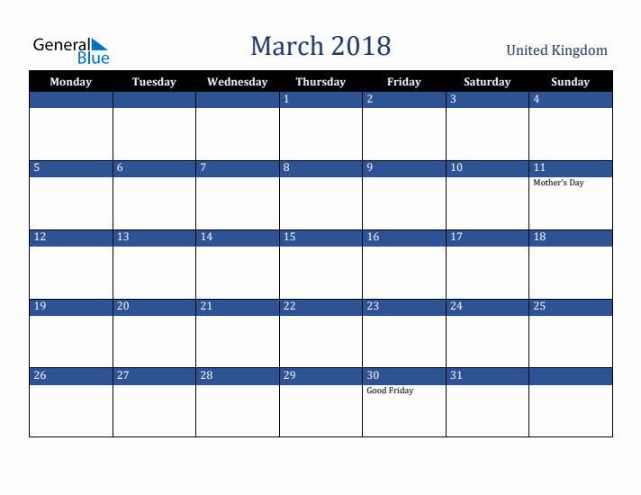 March 2018 United Kingdom Calendar (Monday Start)