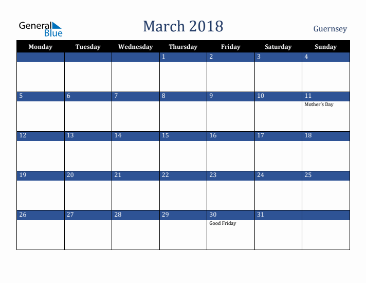 March 2018 Guernsey Calendar (Monday Start)
