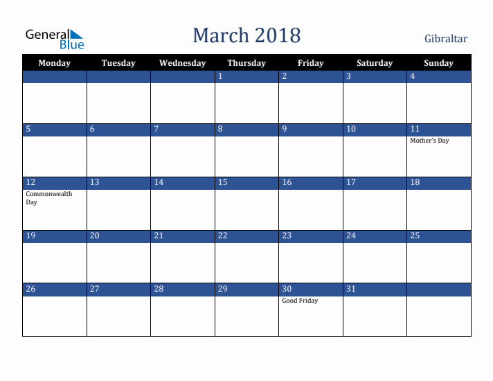 March 2018 Gibraltar Calendar (Monday Start)