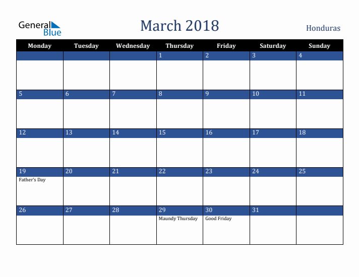 March 2018 Honduras Calendar (Monday Start)