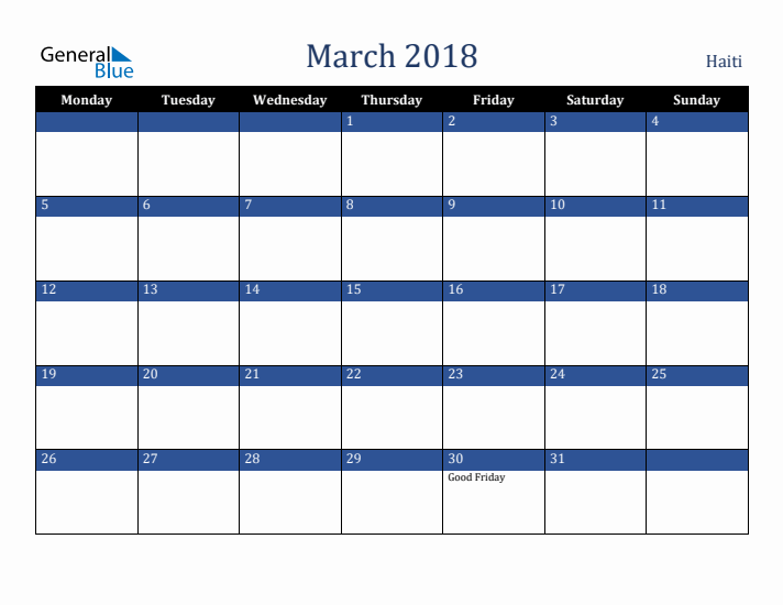 March 2018 Haiti Calendar (Monday Start)