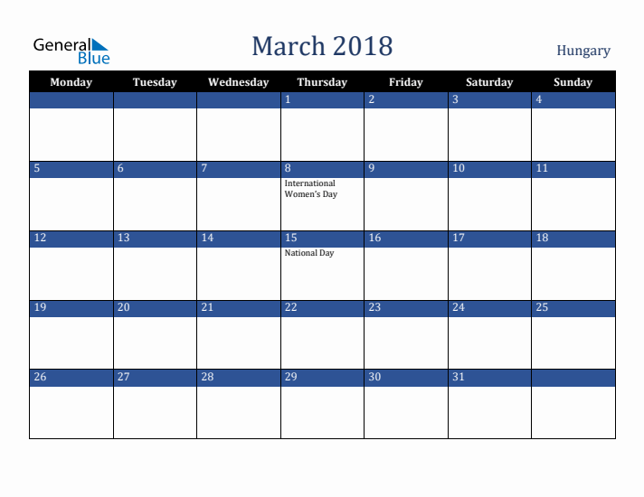March 2018 Hungary Calendar (Monday Start)