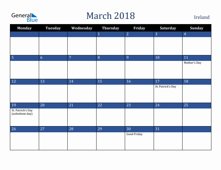 March 2018 Ireland Calendar (Monday Start)