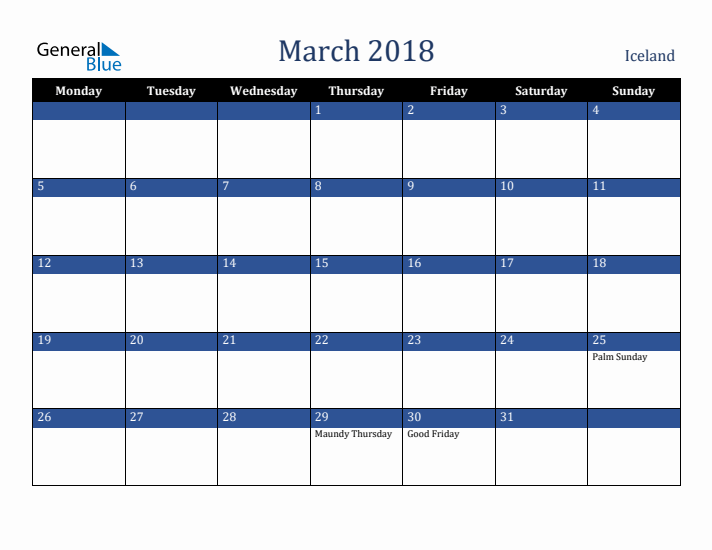 March 2018 Iceland Calendar (Monday Start)