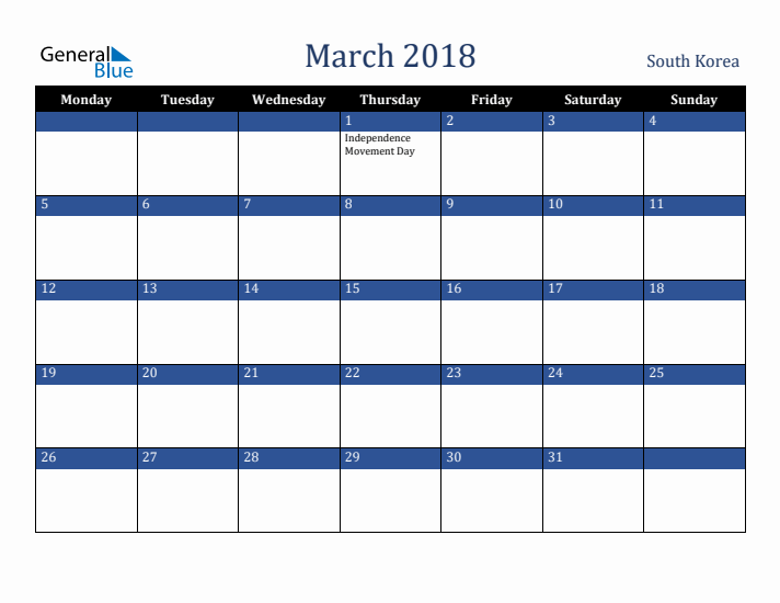 March 2018 South Korea Calendar (Monday Start)