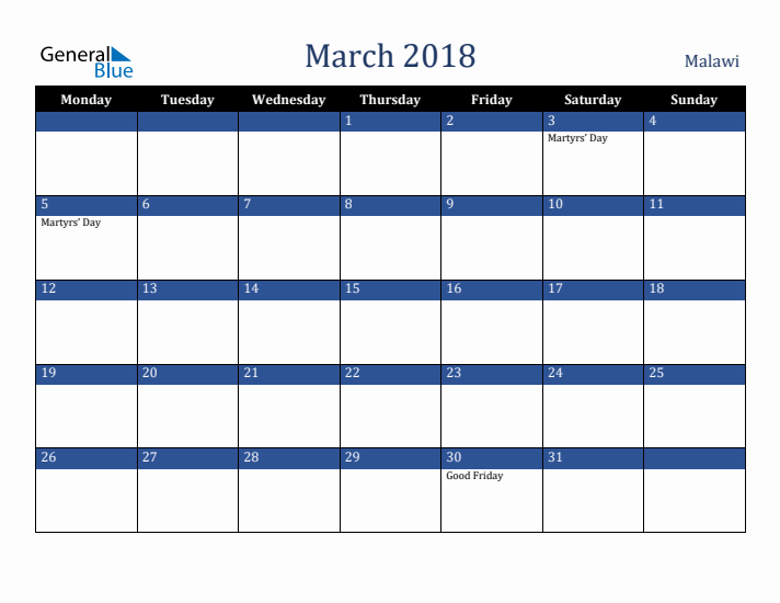March 2018 Malawi Calendar (Monday Start)