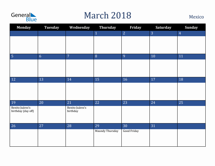 March 2018 Mexico Calendar (Monday Start)