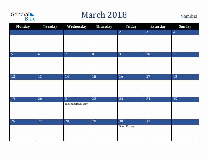 March 2018 Namibia Calendar (Monday Start)