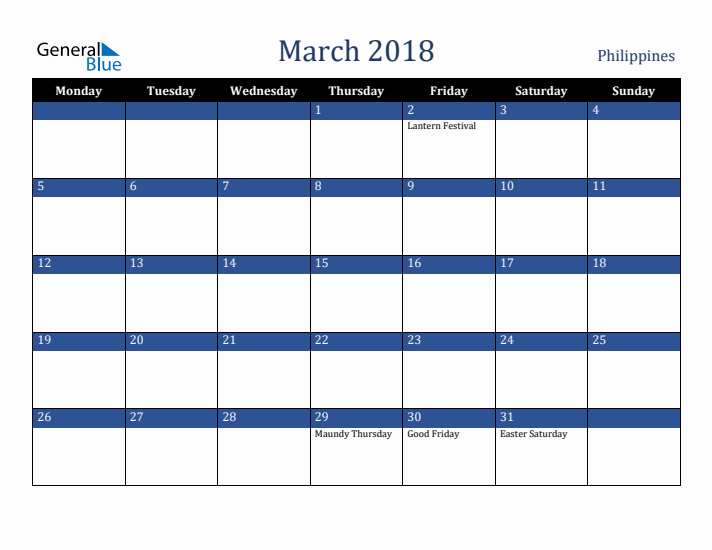 March 2018 Philippines Calendar (Monday Start)