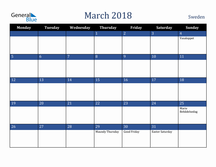 March 2018 Sweden Calendar (Monday Start)