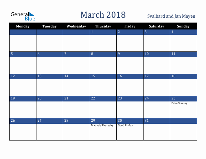 March 2018 Svalbard and Jan Mayen Calendar (Monday Start)