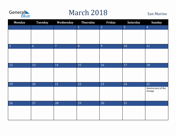 March 2018 San Marino Calendar (Monday Start)