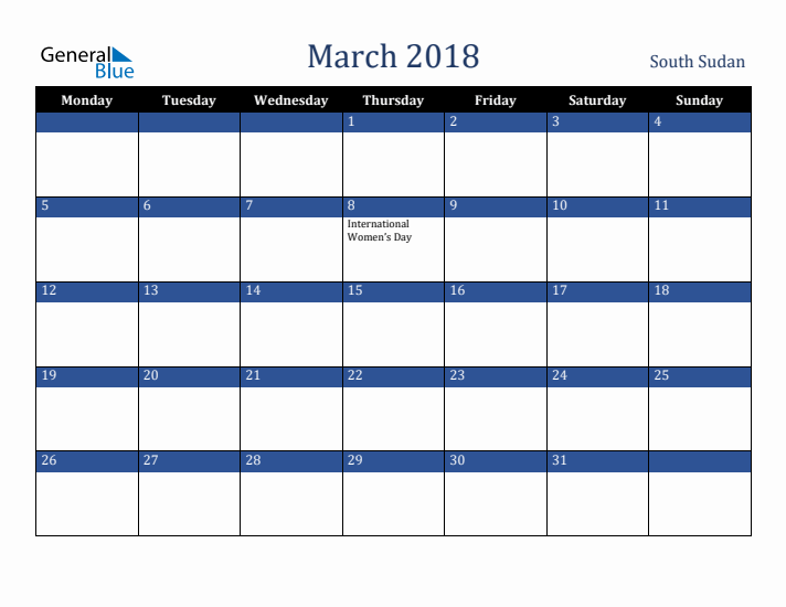 March 2018 South Sudan Calendar (Monday Start)