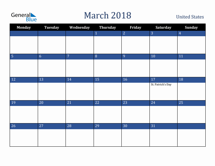 March 2018 United States Calendar (Monday Start)
