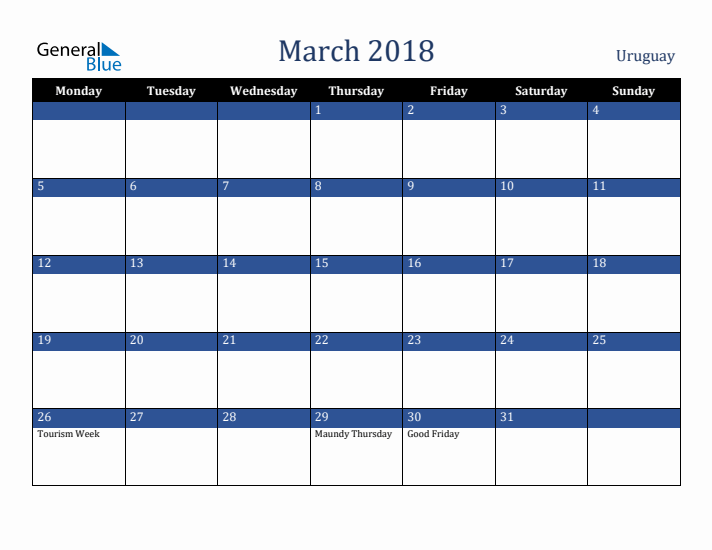 March 2018 Uruguay Calendar (Monday Start)