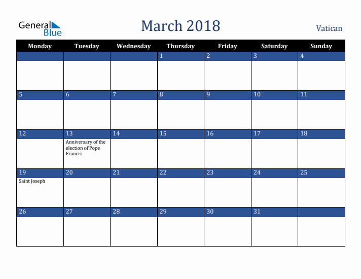 March 2018 Vatican Calendar (Monday Start)