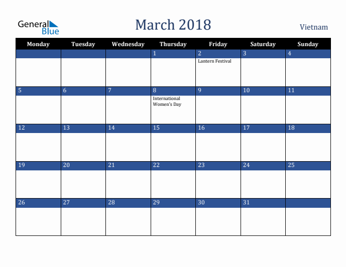 March 2018 Vietnam Calendar (Monday Start)