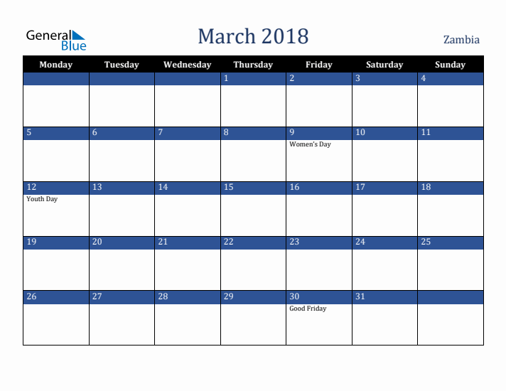 March 2018 Zambia Calendar (Monday Start)