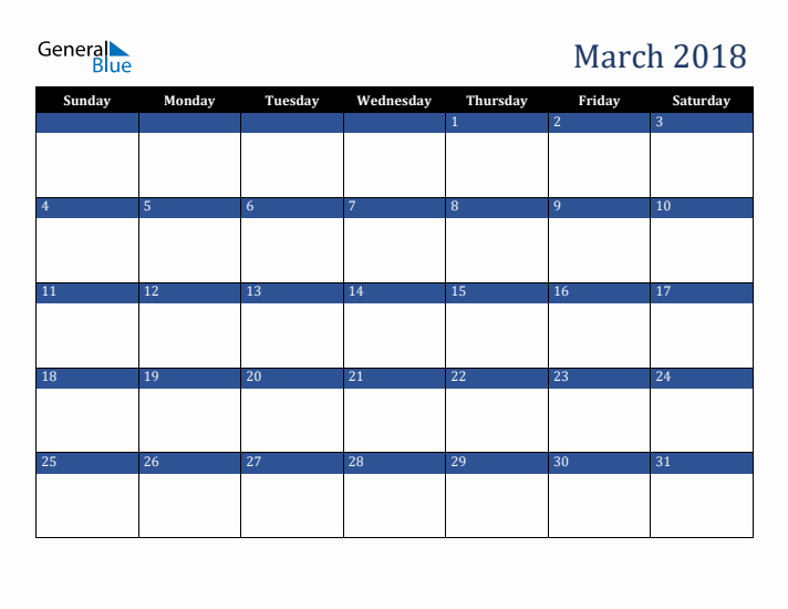 Sunday Start Calendar for March 2018