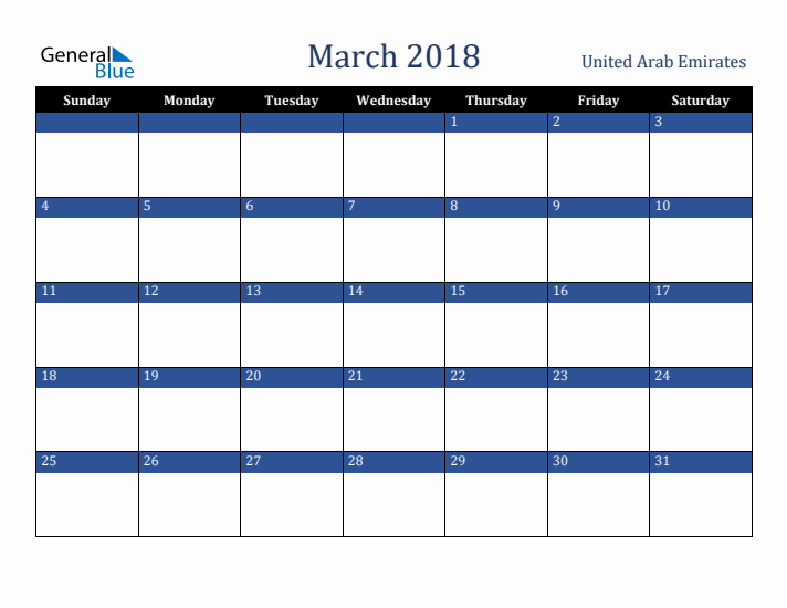 March 2018 United Arab Emirates Calendar (Sunday Start)