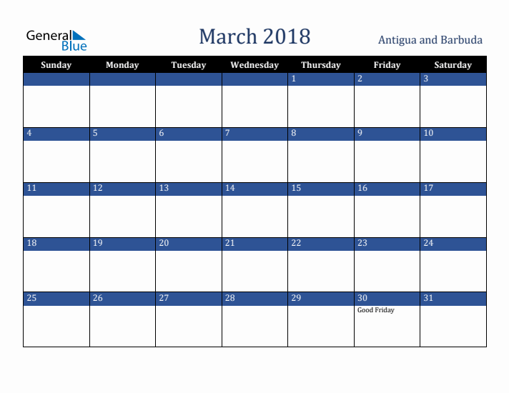 March 2018 Antigua and Barbuda Calendar (Sunday Start)